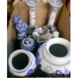 A box containing a quantity of blue and white ceramics including Spode Italian salt and pepper pots,