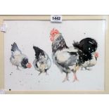 A framed modern watercolour depicting a cock and hens - indistinctly signed and inscribed V.