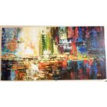 An unframed modern abstract oil on canvas, waterside buildings - indistinctly signed