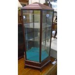 A 34" high 20th Century stained wood hexagonal vitrine with stepped top, all-round part leaded