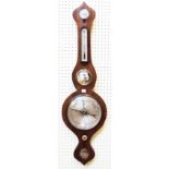 A 19th Century mahogany cased banjo barometer/thermometer with storm dial to top, central convex