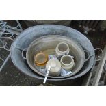 Two galvanised tin baths - sold with a grey stoneware hot water bottle and three stoneware jars