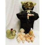 A soft toy owl dressed as a barrister, two small dolls, etc. - sold with a polished soapstone