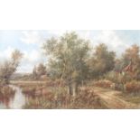 Octavius Thomas Clark: an unframed oil on canvas depicting an extensive woodland and river landscape