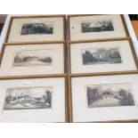 A set of six gilt framed monochrome engraving book plates including Berry Pomeroy Castle