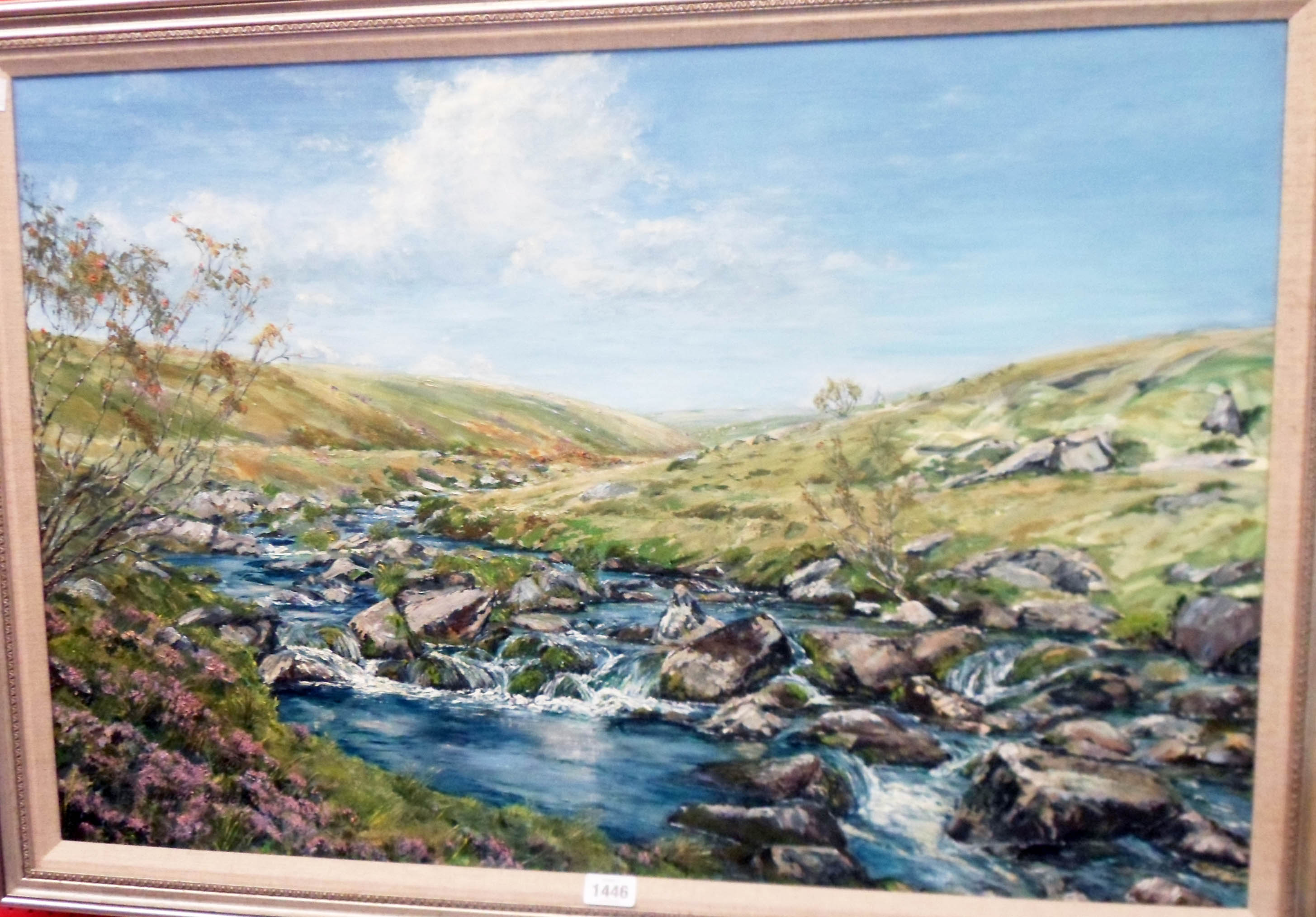 Francis Goddard: a framed late 20th Century oil on canvas depicting an extensive moorland view