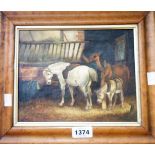 A maple framed oil on canvas depicting horses and donkey in a stable