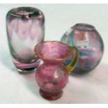 Two art glass vases - sold with a pink glass jug