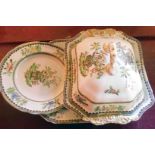 Several pieces of Copeland Spode Old Bow pattern dinner ware comprising meat plate, tureen, and