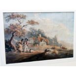 Peter Le Cave: a gilt framed watercolour depicting a man helping a woman over a stile with sheep,