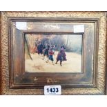 A gilt framed oil on old oak panel depicting civil war soldiers in a snowy landscape - 3 1/2" X 5