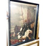 An ebonised framed antique German cut down poster depicting a knight on horseback and other soldiers