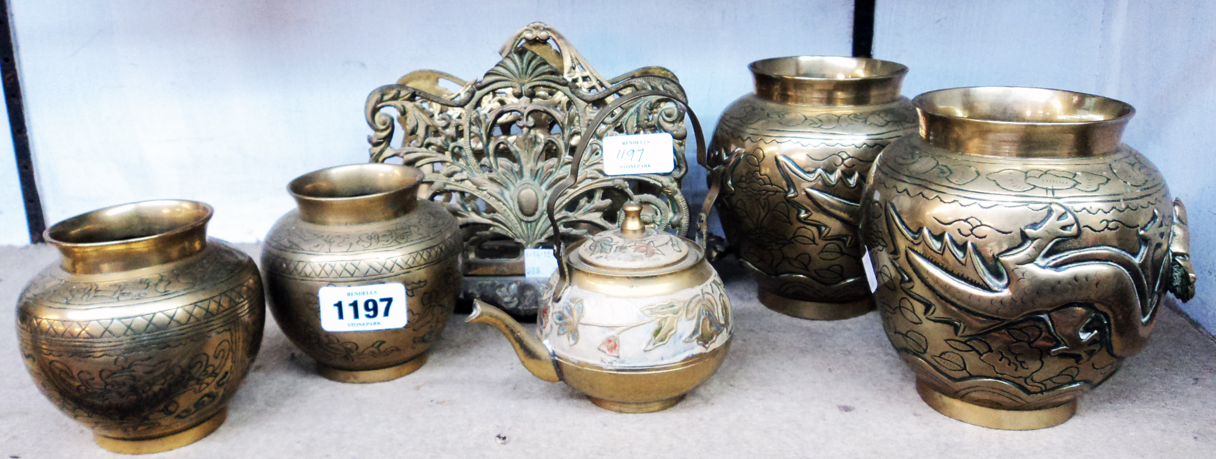 Two pairs of Chinese brass pots, etc.