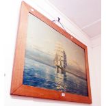 An oak framed coloured maritime print depicting a three masted sailing vessel under full sail