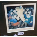 Beryl Cook: a gilt framed small coloured print of a male stripper, signed in pencil on the mount