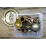 A box containing brass and copperware including jugs, pan, kettle, etc.
