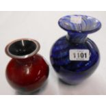 A Mdina style blue swirl glass vase - sold with a Caithness red glass vase