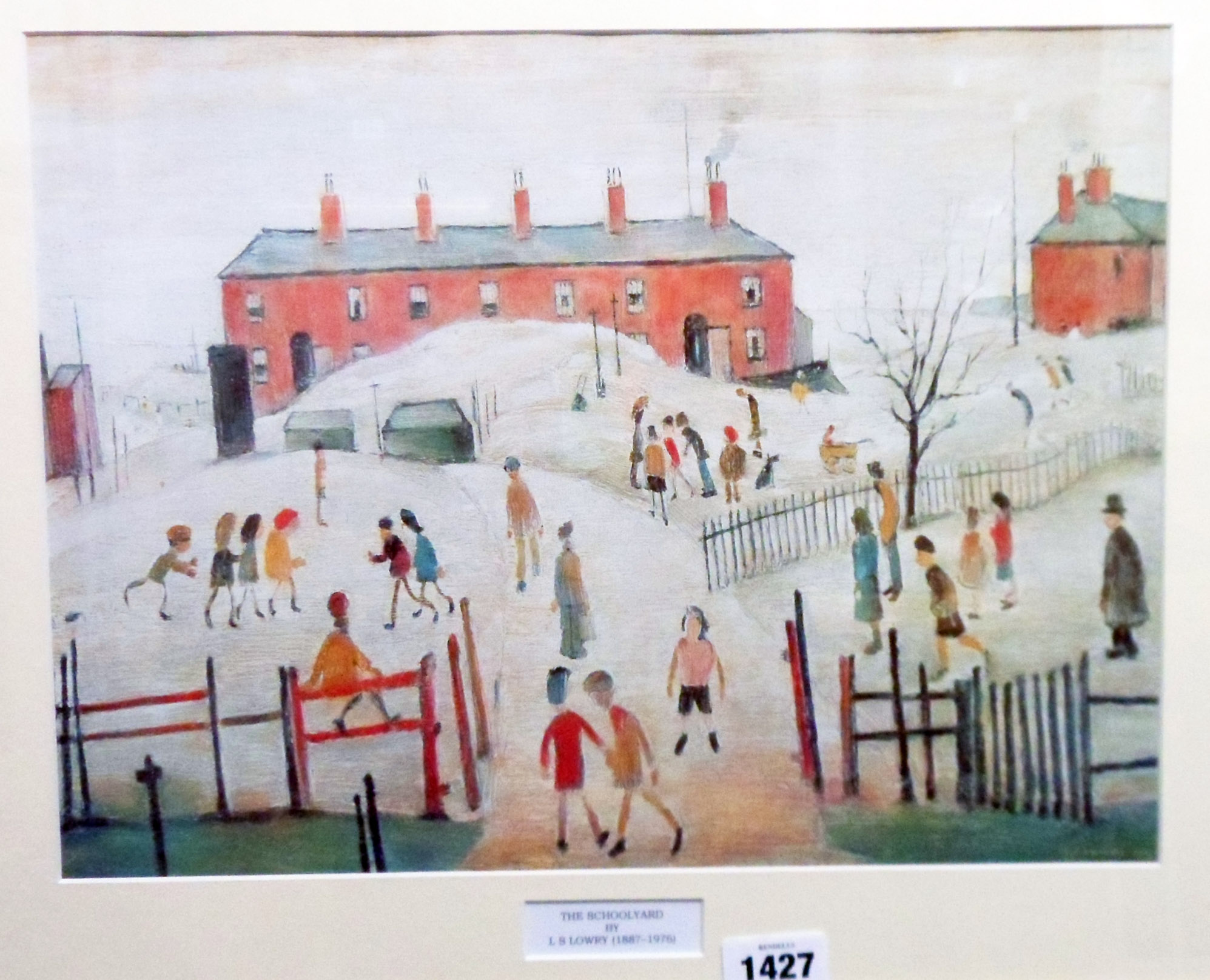 †L. S. Lowry: a framed coloured print, entitled "School Yard"