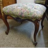 A Victorian rosewood framed dressing stool with later tapestry upholstered seat, set on cabriole