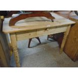 A 3' 6" Victorian waxed pine kitchen table with short drawer to side set on turned legs