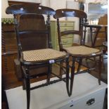 Two similar Victorian stained wood framed bedroom chairs, both with re-caned rattan seat panels