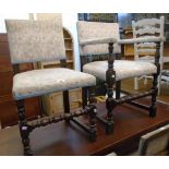 A set of six stained oak framed dining chairs with upholstered backs and seats, set on bobbin turned
