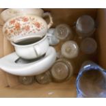 Two items of toilet ware, a chemist's glass measure and storage jars