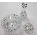 A cut glass fruit bowl, decanter and ashtray