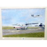 A framed mixed media painting depicting two Shorts 330 aircraft in Gill Airways livery - signed