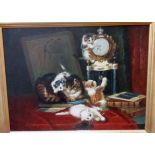 C. Press: a gilt framed reproduction oil on panel depicting kittens at play