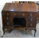 A 3' 6" flame mahogany ebony strung kneehole bureau with oak fitted interior, drawer and inkwells,