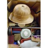 Two boxes containing various items including jewellery boxes, straw pith helmet, etc.