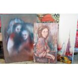 Karen Lixenberg: two unframed oils on canvas depicting figural subjects - signed with initials -