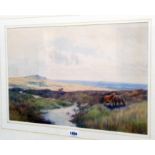 John White R.I.: a gilt framed watercolour depicting Dartmoor ponies with stream in the foreground