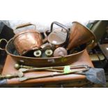 A collection of copper and brass including fish kettle, funnel, andirons, etc.