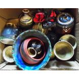 A box containing a collection of studio pottery including Caroline Smith vase, set of six goblets,