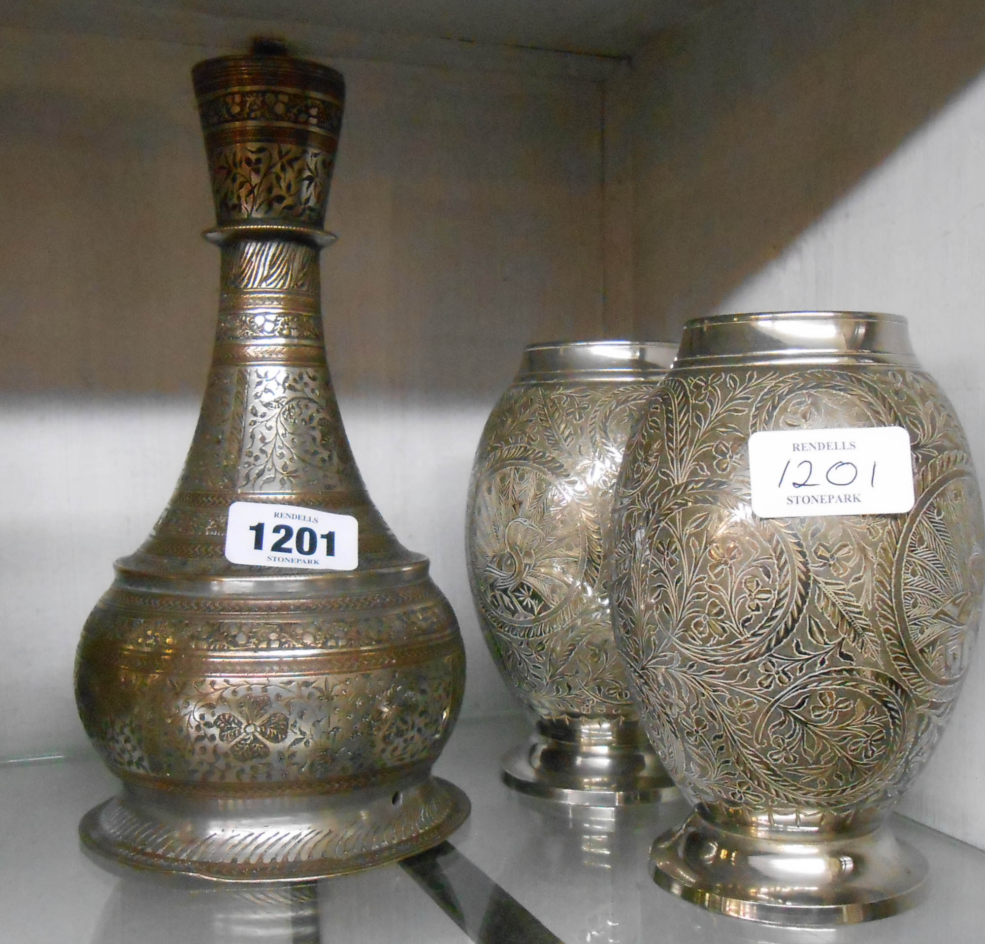 A white metal bottle vase - sold with a pair of white metal bulbous vases