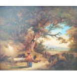 George Morland: a gilt framed oil on canvas depicting a figure and two donkeys on a woodland track