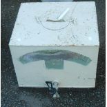 A vintage painted metal cubic insulated hot water/tea urn with flanking carrying handles