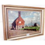 Stanley Miller: a gilt framed oil on canvas board depicting harbour buildings - signed - 11 1/4" X