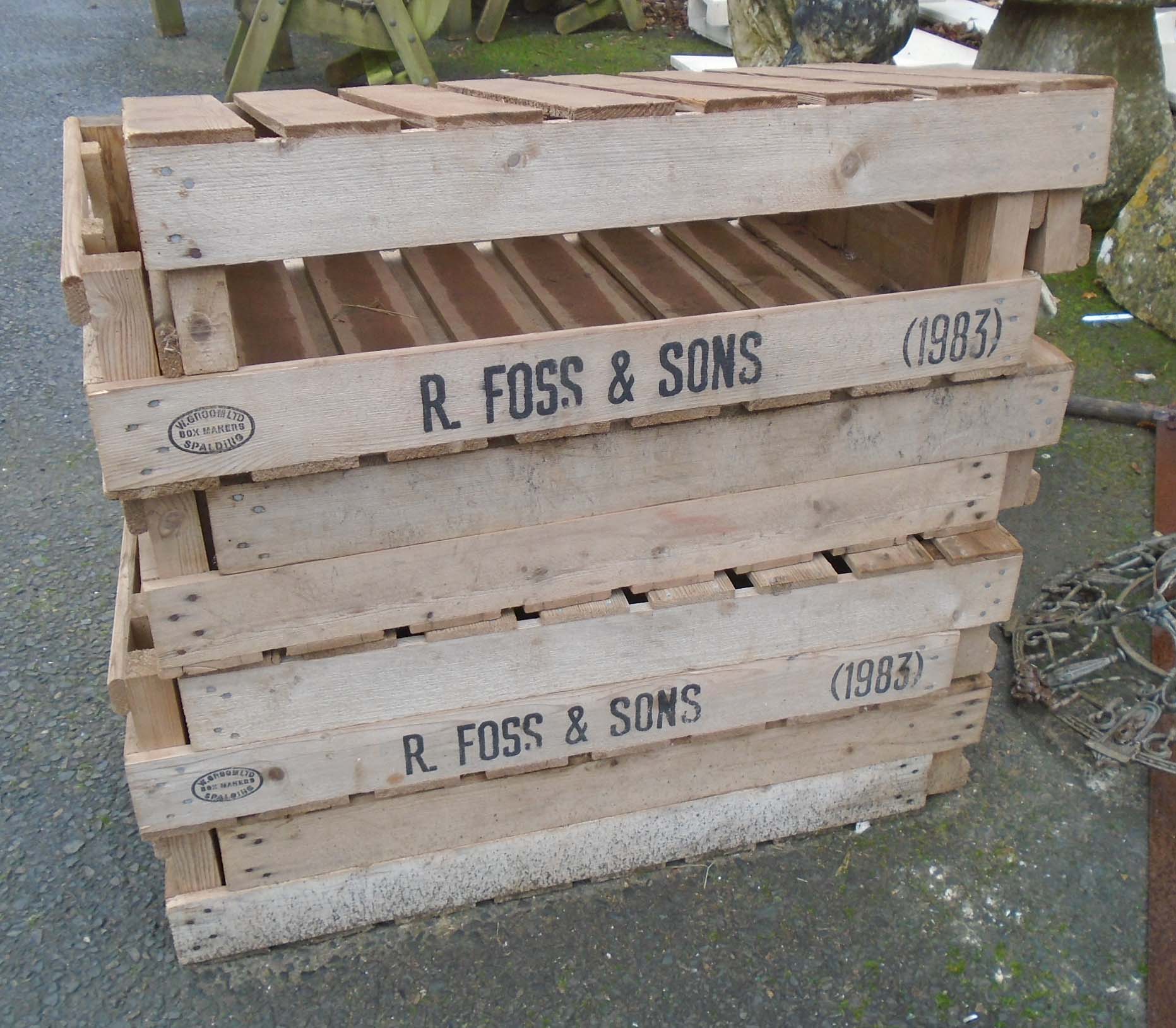 Eight vintage apple crates by W. Groom Ltd. - stamped for R. Foss & Sons 1983