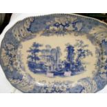 A mid Victorian Charles Meigh & Son blue and white meat plate with ruined building pattern,