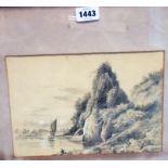 A framed 19th Century pencil sketch of a waterside scene with cliffs and figure on the shore - a/f