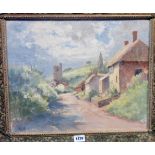 Peggie de Brett: an ornate framed oil on board depicting a view of Clyst St. Lawrence, Devon -