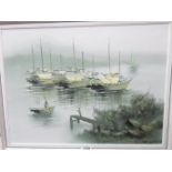 A framed 20th Century oil on canvas board misty scene with moored oriental fishing vessels and