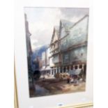 Alfred Leyman: a watercolour depicting a view of the Butterwalk Dartmouth with market traders, horse