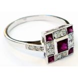 An 18ct. white gold Art Deco style ring with ruby and diamond geometric square panel and diamond set