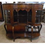 A 3' 10" Edwardian inlaid rosewood serpentine front side cabinet with central open shelves and