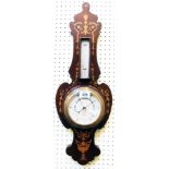 An ornate inlaid mahogany cased wall barometer/thermometer with aneroid works by Dollond of