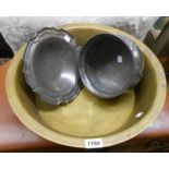 A large old brass basin - sold with a James Mason hammered pewter footed bowl and a pewter cachepot